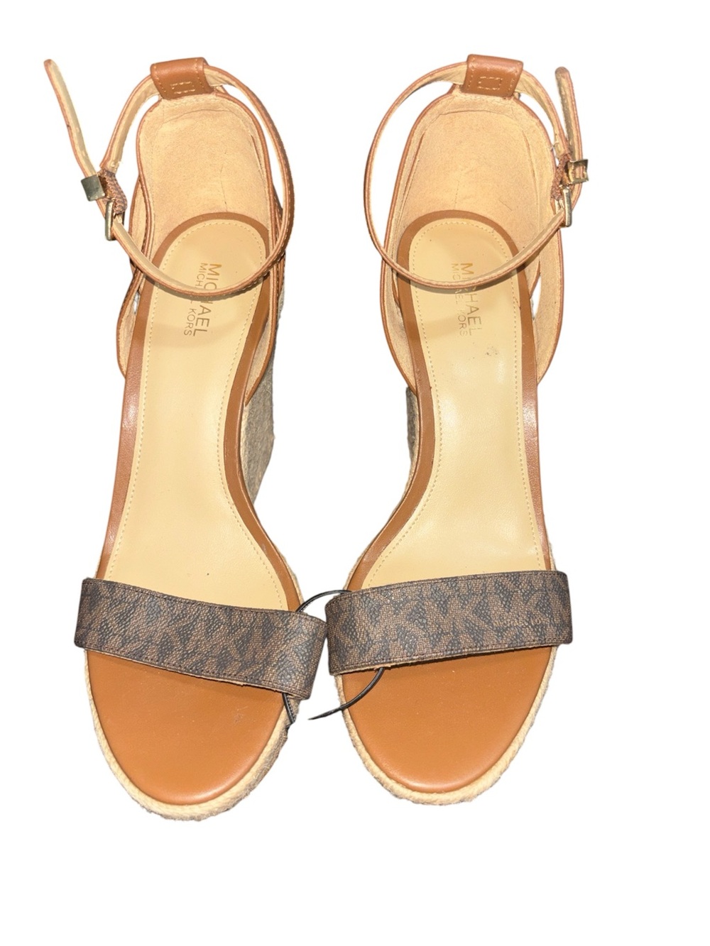 Michael Kors Brown Tan Logo Espadrille Wedge Sandals